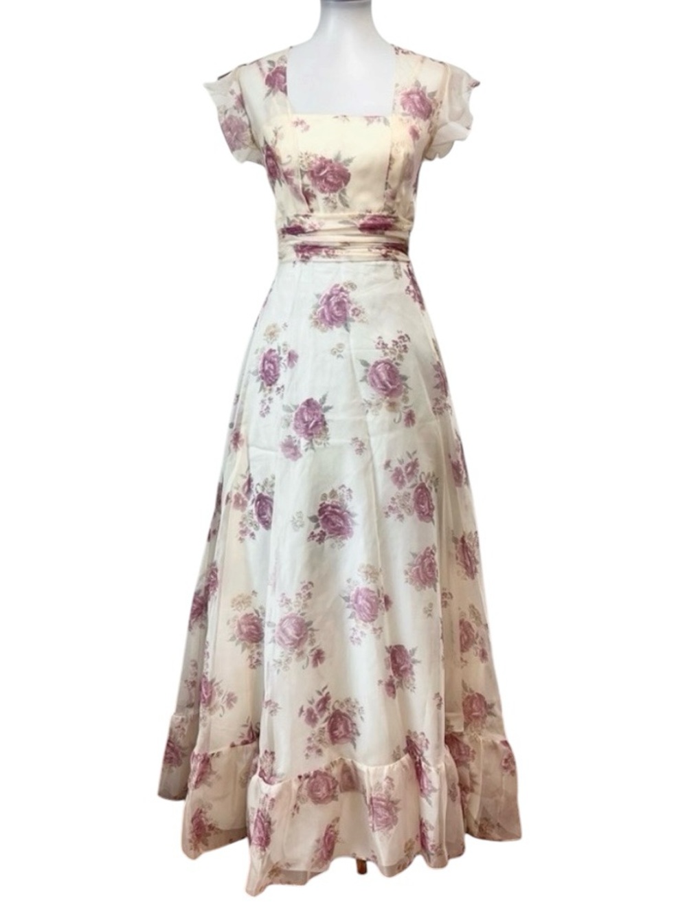 Vintage Cottagecore Chiffon Floral Flutter Sleeve Illusion Neck Gown Maxi Dress